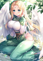  angel_wings aqua_eyes arm_support blonde_hair blush breasts capelet commentary_request day dress feathered_wings female forehead forehead_jewel green_capelet green_dress hand_up highres large_breasts leaf long_hair long_sleeves looking_at_viewer mitsuba_choco outdoors parted_bangs parted_lips sitting smile socks solo teeth ulthury utawarerumono utawarerumono:_lost_flag very_long_hair water white_socks white_wings wings yokozuwari 