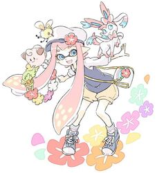  aqua_eyes bad_id bad_twitter_id bag blue_eyes blue_footwear blue_shirt clefairy comamawa crossover female flower full_body hair_flower hair_ornament head_wreath inkling inkling_girl inkling_player_character leaning_forward long_hair long_sleeves open_mouth outstretched_arms pink_hair pointy_ears pokemon pokemon_(creature) shirt shoes short_shorts shorts simple_background smile socks splatoon_(series) spread_arms standing sylveon very_long_hair white_background white_legwear white_sleeves yellow_shorts 