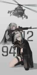  2girls absurdres aircraft ak-12 ak-12_(girls&#039;_frontline) an-94 an-94_(girls&#039;_frontline) assault_rifle black_gloves braid commentary english_commentary fingerless_gloves french_braid girls&#039;_frontline gloves glowing glowing_eyes grey_eyes grey_hair gun helicopter highres holding holding_gun holding_weapon kalashnikov_rifle long_hair long_sleeves md5_mismatch medium_hair mi-8 multiple_girls partially_fingerless_gloves ponytail rifle unusually_open_eyes useless_(gss44344) weapon 