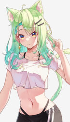  absurdres ahoge alternate_costume animal_ear_fluff animal_ears black_pants blush braid braided_bangs breasts cat_ears cat_girl cat_tail ceres_fauna commentary crop_top crop_top_overhang cropped_shirt earrings english_commentary female gradient_hair green_hair hair_ornament hairclip highres hololive hololive_english jewelry medium_breasts midriff multicolored_hair navel pants shironekokfp shirt short_sleeves simple_background single_braid solo tail twirling_hair virtual_youtuber white_background white_shirt yellow_eyes 