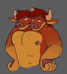  2_heads anthro aoba_(artist) borges borges_(aoba) bovid bovine cattle clothed clothing half-length_portrait hi_res horn male mammal multi_head portrait solo topless 