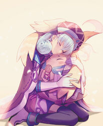  1boy absurdres cape cezaria closed_eyes female gloves grey_hair head_wings highres hug melia_antiqua nopon photoshop_(medium) riki_(xenoblade) sitting smile thighhighs twitter_username wariza white_gloves wings xenoblade_chronicles_(series) xenoblade_chronicles_1 