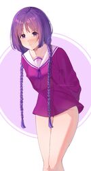  akalyndraw arms_behind_back blush boruto:_naruto_next_generations braid commission dress female highres kakei_sumire light_smile long_hair looking_at_viewer naruto_(series) no_panties own_hands_together purple_dress purple_eyes purple_hair sailor_collar school_uniform second-party_source serafuku short_dress simple_background solo standing thighs twin_braids 