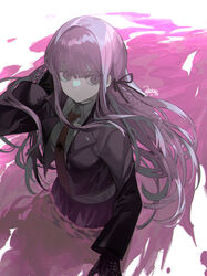  black_gloves black_jacket black_ribbon blunt_bangs braid breasts closed_mouth commentary danganronpa:_trigger_happy_havoc danganronpa_(series) female from_above gloves hair_ornament hair_ribbon highres jacket kirigiri_kyoko long_hair long_sleeves looking_at_viewer nao_(syn_eaa) necktie pleated_skirt purple_eyes purple_hair ribbon shirt side_braid single_braid skirt solo wading white_shirt 