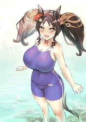  animal_ears breasts brown_hair competition_school_swimsuit female highres horse_ears horse_girl large_breasts looking_at_viewer marvelous_sunday_(umamusume) one-piece_swimsuit open_mouth school_swimsuit solo sparkling_eyes swimsuit tracen_swimsuit twintails umamusume yellow_eyes yuugatou_(yuuzutu) 