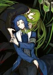  2boys armband ascot black_jacket black_pants blue_ascot blue_coat blue_hair blue_nails chesed_(project_moon) closed_mouth coat collared_shirt commentary_request enkephalin_(project_moon) green_eyes green_hair green_nails grey_vest intravenous_drip jacket lobotomy_corporation long_sleeves male_focus multiple_boys netzach_(project_moon) nishikujic open_clothes open_coat pants parted_lips project_moon shirt short_hair smile vest white_shirt yellow_eyes 