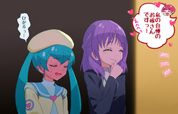  2girls aqua_hair beret blush business_suit embarrassed eru formal full-face_blush hagoromo_lala hat hoshina_hikaru kaguya_madoka multiple_girls pink_hair pointy_ears precure purple_eyes short_hair star_twinkle_precure suit translation_request twintails 