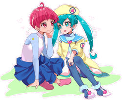  2girls antennae aqua_eyes aqua_hair beret crossed_legs eru hagoromo_lala hat heart hoshina_hikaru long_hair looking_at_another multiple_girls pantyhose pink_eyes pink_hair pointy_ears precure short_hair sitting star_twinkle_precure twintails yuri 