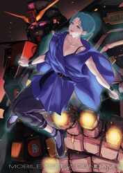  belt black_belt black_footwear black_pants blue_eyes blue_hair blue_jacket collarbone commentary_request copyright_name female four_murasame gundam hair_behind_ear highres jacket looking_at_viewer mecha nori_(arara105) open_mouth pants psyco_gundam purple_eyes purple_lips robot short_hair zeta_gundam 