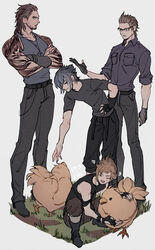  4boys absurdres bad_id bad_pixiv_id black_hair black_shirt blonde_hair boots brown_hair chocobo crop_top final_fantasy final_fantasy_xv fingerless_gloves gladiolus_amicitia glasses gloves headpat highres ignis_scientia multiple_boys noctis_lucis_caelum oimo_(oimkimn) partially_fingerless_gloves prompto_argentum shirt single_glove smile spiked_hair squatting tank_top tattoo white_background 