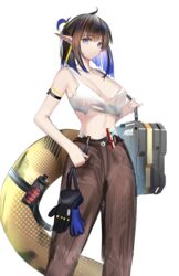  absurdres arknights arm_strap bare_arms bare_shoulders black_hair blue_eyes blue_hair breasts brown_pants camisole cleavage commentary_request cowboy_shot crop_top eugle_na eunectes_(arknights) eunectes_(forgemaster)_(arknights) female gloves highres large_breasts medium_hair midriff multicolored_hair navel official_alternate_costume pants partial_commentary pointy_ears rim_billiton_logo simple_background snake_tail solo spaghetti_strap standing stomach tail unworn_gloves white_background 