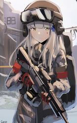  absurdres assault_rifle backpack bag blunt_bangs closed_mouth coat commentary facial_mark female gar32 girls&#039;_frontline gloves goggles goggles_on_headwear green_eyes grey_coat grey_hair gun h&amp;k_hk416 hair_ornament helmet highres hk416_(fang)_(girls&#039;_frontline) hk416_(girls&#039;_frontline) holding holding_gun holding_weapon last_man_battalion long_hair long_sleeves looking_at_viewer red_gloves rifle signature solo tom_clancy&#039;s_the_division trigger_discipline weapon 