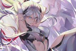  2girls absurdres apparition armor armpits bare_shoulders blue_eyes boots breasts cleavage earrings forehead fur_collar hair_between_eyes hair_ornament hana967531 highres honkai_(series) honkai_impact_3rd jewelry kiana_kaslana kiana_kaslana_(herrscher_of_flamescion) lips long_hair multiple_girls murata_himeko murata_himeko_(vermillion_knight) open_mouth ponytail red_eyes teeth thigh_boots thighhighs v-shaped_eyebrows white_footwear white_hair yellow_eyes 