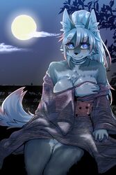  2:3 5_fingers anthro asian_clothing bare_shoulders big_breasts blue_eyes breasts canid canine canis cheek_tuft chest_tuft choker cleavage clothed clothing cloud collar east_asian_clothing eyebrows facial_tuft female fingers full_moon fur grey_body grey_fur hair hi_res inner_ear_fluff japanese_clothing jewelry kemono kimono mammal moon necklace night okami_bark ookamiwaho outside ponytail sky smile solo tail thick_eyebrows tuft white_body white_fur white_hair wolf 