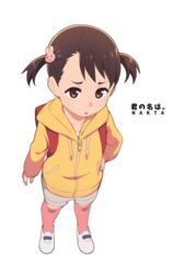  artist_name backpack bad_id bad_pixiv_id bag brown_eyes commentary_request female full_body hair_ornament hand_on_own_hip jacket kimi_no_na_wa. kneehighs korean_commentary lolicon mixed-language_commentary miyamizu_yotsuha nakta pink_socks rabbit_hair_ornament short_hair short_twintails simple_background socks solo standing twintails white_background white_footwear yellow_jacket 