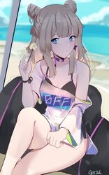  aa-12_(girls&#039;_frontline) aa-12_(smokeless_lollipop)_(girls&#039;_frontline) absurdres bags_under_eyes bare_legs beach bikini black_bikini blonde_hair blue_eyes blurry blurry_background bright_pupils candy choker cone_hair_bun depth_of_field double_bun female food gar32 girls&#039;_frontline hair_bun hand_up highres holding holding_candy holding_food holding_lollipop lollipop long_hair looking_at_viewer ocean off_shoulder official_alternate_costume outdoors parted_lips purple_choker sand shirt side-tie_bikini_bottom signature sitting solo swimsuit white_pupils wristband 