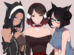  3girls :o absurdres animal_ears ascot au_ra bindi blue_dress blue_eyes body_markings breast_suppress breasts brown_hair brown_shirt cat-shaped_pupils cat_ears china_dress chinese_clothes cleavage commission dragon_girl dragon_horns dress earrings facial_mark final_fantasy final_fantasy_xiv forehead_jewel frilled_dress frills gingham_skirt glasses green_eyes grey_background half-closed_eyes headgear heterochromia highres horns jewelry lipstick long_hair looking_at_viewer makeup medium_breasts medium_hair miqo&#039;te multiple_girls red_eyes sakotach scales shirt short_hair smile symbol-shaped_pupils upper_body warrior_of_light_(ff14) white_horns white_scales 