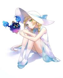  bare_arms blonde_hair blue_footwear blush braid closed_mouth collared_dress commentary_request cosmog dress eyelashes female full_body green_eyes hat hat_ribbon head_tilt highres konbu_1270 lillie_(pokemon) long_hair pokemon pokemon_(creature) pokemon_sm ribbon shoes simple_background sitting sleeveless sleeveless_dress smile socks twin_braids white_background white_dress white_headwear white_legwear 