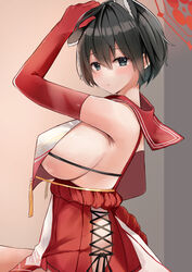  animal_ears arm_up armpits bare_shoulders black_hair black_ribbon blue_archive blush breasts elbow_gloves female from_side gloves green_eyes halo high-waist_skirt large_breasts looking_at_viewer looking_to_the_side parted_lips red_gloves red_halo red_sailor_collar red_skirt revealing_clothes ribbon sailor_collar short_hair sideboob skirt solo tassel tomura2maru tsubaki_(blue_archive) 