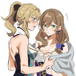  2girls absurdres bare_shoulders black_bodysuit black_bow blanket blonde_hair blue_eyes blush bodysuit bow breasts brown_hair closed_mouth collarbone dress earrings flower genshin_impact green_eyes hair_between_eyes hair_flower hair_ornament hairbow hands_up highres holding jean_(genshin_impact) jewelry large_breasts lisa_(genshin_impact) long_hair looking_at_another looking_down medium_breasts multiple_girls open_mouth ponytail purple_dress purple_flower purple_rose rose simple_background sleeveless sleeveless_dress standing strapless strapless_dress sweatdrop teeth tongue two-tone_bodysuit v-shaped_eyebrows white_background white_bodysuit yamabuki0211 yuri 