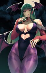  bat_wings bodysuit breasts cleavage female green_eyes green_hair highleg highleg_leotard highres large_breasts leotard long_hair looking_at_viewer morrigan_aensland pantyhose print_pantyhose purple_pantyhose solo vampire_(game) volyz wings 