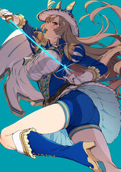  animal_ears ass blue_background blue_footwear blue_headwear boots breasts cavalier_hat female gloves glowing glowing_sword glowing_weapon high_heel_boots high_heels highres holding holding_sword holding_weapon horse_ears horse_girl juliet_sleeves light_brown_hair long_hair long_sleeves musketeer official_alternate_costume puffy_sleeves red_eyes satono_diamond_(chevalier_bleu)_(umamusume) satono_diamond_(umamusume) solo sugarbeat sword thighs umamusume weapon white_gloves 