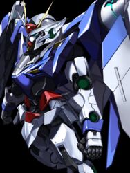  00_gundam 00_raiser bad_id bad_pixiv_id black_background blue_eyes clenched_hands commission gn_drive gundam gundam_00 highres looking_ahead mecha mobile_suit no_humans orrdriver robot science_fiction skeb_commission solo v-fin 