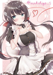  absurdres apron artist_name azur_lane back_bow black_dress bow breasts brown_hair dress female frilled_dress frilled_hairband frills glasgow_(azur_lane) green_eyes hairband highres long_hair maid_headdress makihige medium_breasts pantyhose solo string string_of_fate twintails two-tone_dress underbust valentine waist_apron white_apron white_bow white_dress 