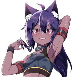  ahoge animal_ear_fluff animal_ears arm_behind_head arm_up armband armpit_focus armpits bare_shoulders black_sports_bra blue_choker blue_collar blue_hair blue_shirt blush borrowed_character breasts brown_kemomimi-chan_(krr) choker collar commentary_request commission crop_top dark-skinned_female dark_skin dungeon_and_fighter female fingernails gloves grey_background grin hair_between_eyes hand_in_own_hair hand_up holding holding_own_hair korean_commentary long_hair looking_at_viewer midriff original parted_lips pink_eyes ponytail presenting_armpit purple_hair shirt sidelocks simple_background sleeveless sleeveless_shirt small_breasts smile solo sports_bra sweat teeth ubo_(dbsgurdbsk) upper_body v-shaped_eyebrows white_shirt wristband 