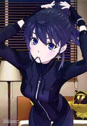  absurdres backpack bag bed black_bodysuit blush bodysuit breasts female fingerless_gloves fukuda_michio gloves hair_bun hair_ornament hair_tie_in_mouth highres indoors lamp looking_at_viewer megami_magazine mole mole_under_eye mouth_hold negoro_botan official_art purple_eyes purple_hair scan single_hair_bun solo star_(symbol) star_hair_ornament tesla_note tying_hair window window_blinds 