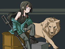  1other arknights black_gloves black_hair black_tank_top commentary cosplay drum_(container) english_commentary female fingerless_gloves flat_chest gloves green_jacket grey_background grey_pants hair_ribbon isokaze_(kancolle) jacket kantai_collection kawasumi_ayako lion long_hair official_alternate_costume one-hour_drawing_challenge pants polearm red_eyes ribbon siege_(arknights) siege_(arknights)_(cosplay) siege_(legacy)_(arknights) sitting sixten tank_top tress_ribbon two-tone_background voice_actor_connection weapon 