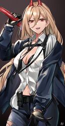  absurdres black_gloves black_necktie blonde_hair bra breasts chainsaw_man collared_shirt cross-shaped_pupils dated demon_girl demon_horns denim fangs female formal gloves hair_between_eyes highres horns jeans keisuke_desu~ long_hair looking_at_viewer medium_breasts navel necktie open_clothes open_mouth pants power_(chainsaw_man) red_horns ringed_eyes see-through see-through_shirt sharp_teeth shirt signature solo suit symbol-shaped_pupils teeth torn_clothes torn_jeans torn_pants underwear white_shirt 