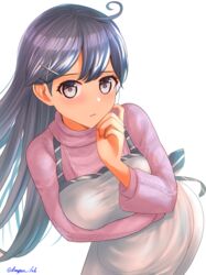  absurdres ahoge apron aran_sweater bad_id bad_pixiv_id black_hair blue_hair blush cable_knit commentary dangan_kurabu female hair_ornament hairclip highres kantai_collection long_hair long_sleeves official_alternate_costume open_mouth purple_sweater simple_background solo sweater thinking twitter_username ushio_(kancolle) white_apron white_background 