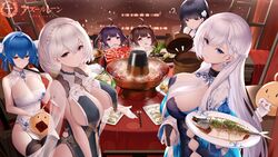  6+girls ahoge an_yasuri azur_lane banned_artist bare_shoulders belfast_(azur_lane) belfast_(iridescent_rose)_(azur_lane) black_dress blue_eyes blue_hair braid breast_curtains breasts brown_hair brown_legwear chinese_clothes cleavage_cutout clothing_cutout dress earrings fan fish folding_fan food french_braid garter_straps gloves half_gloves holding holding_fan holding_plate jewelry large_breasts light_purple_hair loading_screen long_hair manjuu_(azur_lane) medium_hair multiple_girls ning_hai_(azur_lane) official_alternate_costume pelvic_curtain ping_hai_(azur_lane) pink_eyes plate purple_eyes purple_hair see-through side_braid side_slit sirius_(azur_lane) sirius_(azure_horizons)_(azur_lane) skin_tight sleeveless sleeveless_dress st._louis_(azur_lane) st._louis_(splendor_of_spring)_(azur_lane) steam table thighhighs twintails very_long_hair white_dress white_gloves white_hair yat_sen_(azur_lane) 