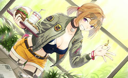  belt bracelet breasts brown_hair burger cleavage collarbone crop_top cup disposable_cup drinking_straw eyewear_on_head female food french_fries girls&#039;_frontline glasses grin grizzly_mkv_(girls&#039;_frontline) grizzly_mkv_(weekend_cop)_(girls&#039;_frontline) highres holding holding_tray jacket jewelry large_breasts long_sleeves looking_at_viewer midriff navel official_alternate_costume open_clothes open_jacket purple_eyes shorts smile solo tarutaru_gungun tray yellow_shorts 