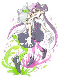  +_+ 2girls bad_id bad_twitter_id bare_shoulders black_dress black_footwear black_hair black_jumpsuit callie_(splatoon) comamawa cousins dress earrings fangs food food_on_head full_body gloves green_headwear green_legwear green_pantyhose hat ink inkling jewelry jumpsuit long_hair looking_at_viewer marie_(splatoon) mole mole_under_eye multiple_girls object_on_head open_mouth pantyhose pink_headwear pink_legwear shoes short_hair short_jumpsuit simple_background smile splatoon_(series) standing standing_on_one_leg sushi tentacle_hair very_long_hair white_background white_gloves white_hair yellow_eyes 