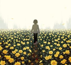  1other ambiguous_gender arms_at_sides avogado6 barefoot black_pants blood_on_feet commentary_request day field flower flower_field from_behind grey_hair long_sleeves medium_hair original outdoors pants shirt solo standing walking white_shirt yellow_flower 