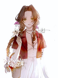  absurdres aerith_gainsborough breasts brown_hair choker cropped_jacket dress female final_fantasy final_fantasy_vii final_fantasy_vii_remake flower flower_basket green_eyes hair_ribbon highres holding holding_flower jacket long_hair parted_bangs parted_lips pink_dress red_jacket ribbon senryoko sidelocks small_breasts solo upper_body wavy_hair white_background 