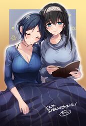  2girls black_hair blue_hair blush book border breasts cleavage collarbone commentary_request commission dark_blue_hair hairband hayami_kanade hexagram holding holding_book idolmaster idolmaster_cinderella_girls large_breasts leaning_on_person light_smile multiple_girls outside_border reading sagisawa_fumika shawl short_hair skeb_commission sleeping star_of_david v-neck yellow_border yuzuhota0313 