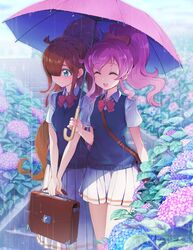  2girls :d ^_^ bag bare_legs blue_eyes blue_sweater_vest blunt_bangs bow bowtie braid brown_bag brown_hair carrying_bag closed_eyes cloud cloudy_sky collared_shirt commentary crown_braid diamond-shaped_pupils diamond_(shape) flower gem_(symbol) hair_over_one_eye hair_up hairbow handbag happy high_ponytail highres holding holding_umbrella hydrangea kirarigaoka_middle_school_uniform kiratto_pri_chan light_smile long_hair long_skirt looking_away miniskirt momoyama_mirai multiple_girls nijinosaki_dia open_mouth outdoors pink_hair pink_umbrella pretty_series rain red_bow red_bowtie round_teeth school_bag school_uniform shared_umbrella shirt shoulder_bag sidelocks single_stripe skirt sky smile stairs stone_stairs sweater_vest symbol-shaped_pupils teeth umbrella under_umbrella upper_teeth_only usaginiku1123 very_long_hair walking white_shirt white_skirt yuri 