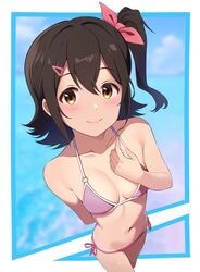  arm_behind_back bikini blush breasts breasts_apart brown_hair collarbone cropped_legs female groin highres idolmaster idolmaster_million_live! kasuga_mirai looking_at_viewer medium_breasts navel one_side_up oscar_08 pink_bikini side-tie_bikini_bottom smile solo swimsuit 