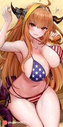  :d ahoge alternate_costume american_flag american_flag_bikini american_flag_print armpits bare_shoulders beach bikini black_hairband blonde_hair bow breasts burger cleavage crossed_legs diagonal-striped_bow diagonal_stripes dragon_girl dragon_horns dragon_tail eating female flag_print food front-tie_bikini_top front-tie_top hairband halterneck highres holding holding_food hololive horn_bow horn_ornament horns kiryu_coco large_breasts looking_at_viewer multicolored_hair navel oerba_yun_fang open_mouth orange_hair piukute062 print_bikini revision scales side-tie_bikini_bottom sitting skin_fang skindentation smile solo stomach streaked_hair string_bikini striped striped_bow summer swimsuit tail thighs virtual_youtuber 