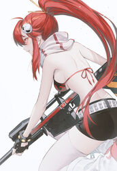  ahoge anti-materiel_rifle ass back bare_arms bare_back bare_shoulders belt bikini bikini_top_only black_bikini black_gloves black_shorts boots breasts commentary female fingerless_gloves flame_print from_side gloves gun hair_ornament hair_stick halterneck high_ponytail holding holding_gun holding_weapon knee_boots long_hair looking_away medium_breasts no_shirt on_one_knee orange_eyes pale_skin parted_lips pink_scarf pink_thighhighs ponytail print_bikini profile red_eyes red_hair rifle scarf scope short_shorts shorts sideboob sidelocks simple_background skull_hair_ornament smile sniper_rifle solo striped_clothes striped_scarf studded_belt swimsuit tengen_toppa_gurren_lagann thighhighs thighs vertical_stripes very_long_hair wanke weapon white_background white_footwear white_thighhighs yoko_littner 