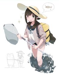  1other absurdres backpack bag bikini bikini_under_clothes black_bikini black_eyes black_hair blue_sailor_collar blush bokukawauso cardigan female fishnets fubuki_(kancolle) fubuki_kai_ni_(kancolle) hair_between_eyes happi hat highres japanese_clothes kantai_collection long_sleeves looking_at_viewer low_ponytail ma_rukan open_mouth otter ponytail sailor_collar sailor_shirt school_uniform serafuku shirt short_ponytail skirt smile sun_hat swimsuit unworn_skirt water 