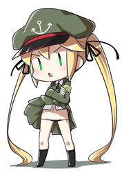  anchor anchor_symbol armband black_panties black_socks blonde_hair blush crossed_arms fairy_(kancolle) female full_body green_eyes green_skirt hair_ribbon hat highres kantai_collection kneehighs long_hair long_sleeves military military_uniform nassukun navel necktie open_mouth panties peaked_cap ribbon shadow simple_background skirt socks solo standing underwear uniform white_background wind wind_lift 