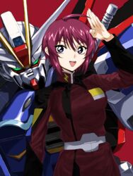  bad_id bad_pixiv_id breasts female green_eyes gundam gundam_seed gundam_seed_destiny highres impulse_gundam jacket lunamaria_hawke mecha medium_breasts military military_uniform mobile_suit open_mouth orrdriver pink_hair purple_eyes red_background red_jacket robot salute science_fiction short_hair smile uniform v-fin v-shaped_eyebrows 