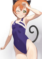  ! absurdres animal_ears ass_visible_through_thighs blue_one-piece_swimsuit breasts cat_ears cat_tail competition_swimsuit cosplay cowboy_shot female gradient_background grey_background happy_birthday highleg highleg_swimsuit highres hoshizora_rin love_live! love_live!_school_idol_project love_live!_sunshine!! one-piece_swimsuit orange_hair short_hair simple_background small_breasts solo swimsuit tail thigh_gap tongue tongue_out watanabe_you watanabe_you_(cosplay) white_background yellow_eyes zanpon 