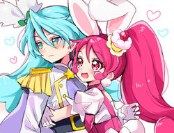  1boy animal_ears belt blue_hair blush cake cake_hair_ornament cure_waffle cure_whip earrings epaulettes eru extra_ears female food food-themed_hair_ornament green_eyes hair_ornament heart hug jewelry juliet_sleeves kirakira_precure_a_la_mode long_hair long_sleeves looking_away magical_boy magical_girl pikario_(precure) pom_pom_(clothes) pom_pom_earrings precure puffy_sleeves rabbit_ears red_eyes strawberry_shortcake usami_ichika 