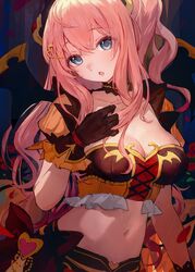  bare_shoulders black_gloves black_horns blue_eyes blush breasts cleavage commentary cross-laced_clothes cross-laced_top demon_girl demon_horns female gloves halloween_costume highres horns large_breasts long_hair looking_at_viewer open_mouth princess_connect! side_ponytail sidelocks solo suzuna_(halloween)_(princess_connect!) suzuna_(princess_connect!) symbol-only_commentary takeashiro 