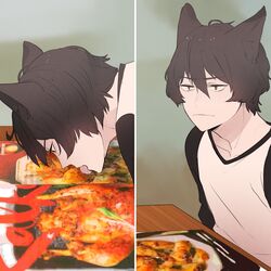  1boy absurdres animal_ears book brown_eyes brown_hair cat_ears cookbook feline half-closed_eyes highres humanization licking looking_away male_focus meme original photo-referenced sakotach shirt short_hair simple_background t-shirt table unamused white_shirt 